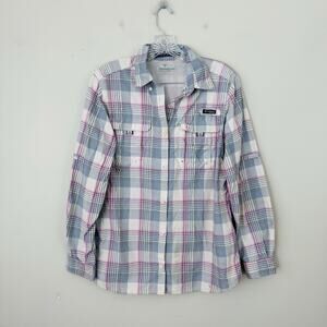 Columbia Super Bahama Purple And Blue Plaid Button Up Women’s Size M